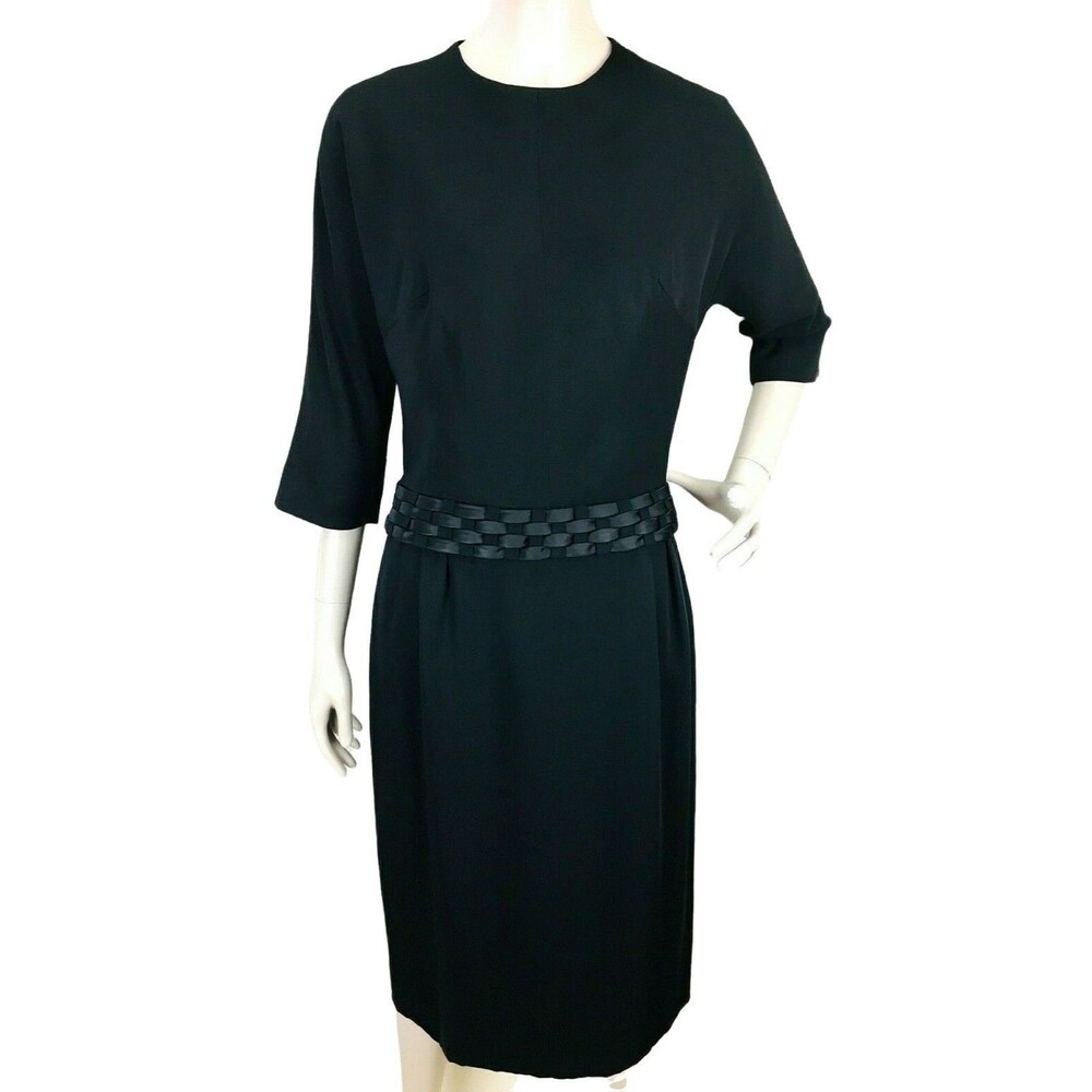 VTG 50s Frank Tisch "Mr. T" Black Woven Belt Cocktail Bombshell Wiggle Dress NEW